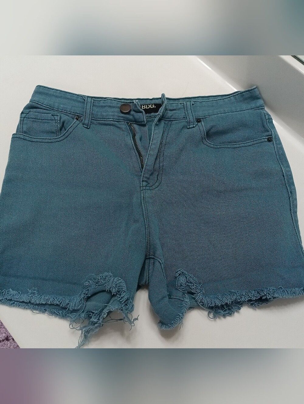 BDG Urban Outfitters High Rise Cheeky Teal Frayed Denim Shorts Size 8
